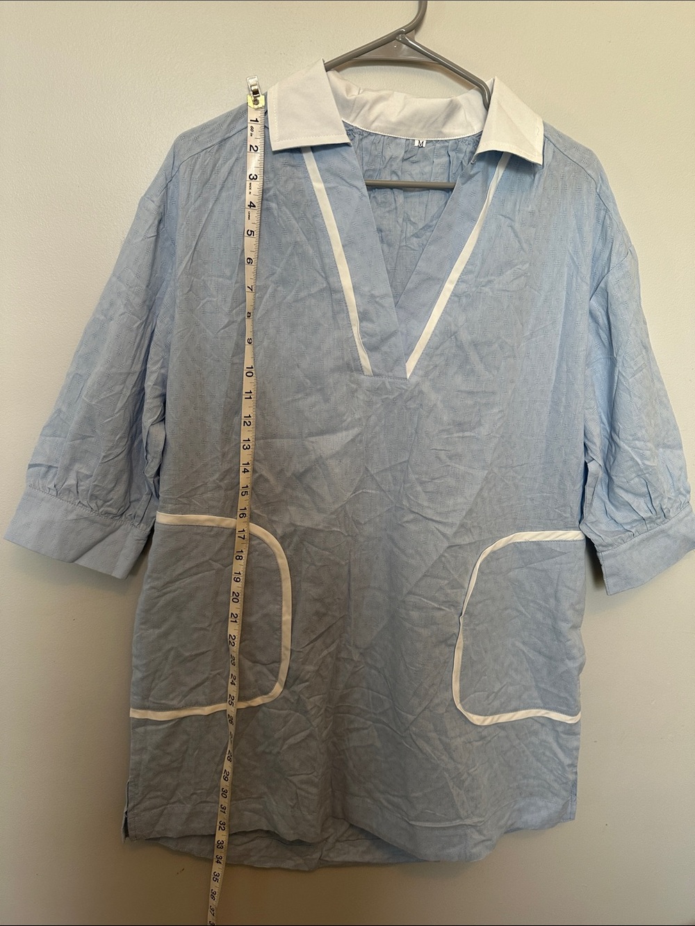 Light Blue Popover Bathing Suit cover. Size Medium with White Trim 100% Cotton